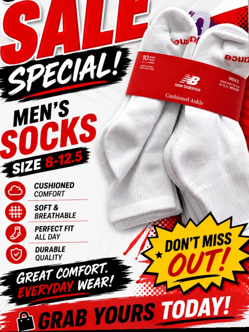 New Balance White Men's Cushioned Ankle Socks (10 Pack)